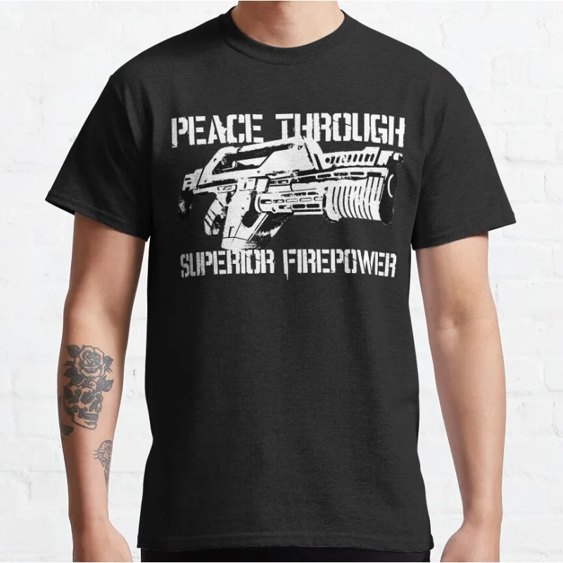 

80s Vintage sci fi Alien peace through superior firepower m41a Horror movie Graphic T Shirts large size Adult tops S-6XL