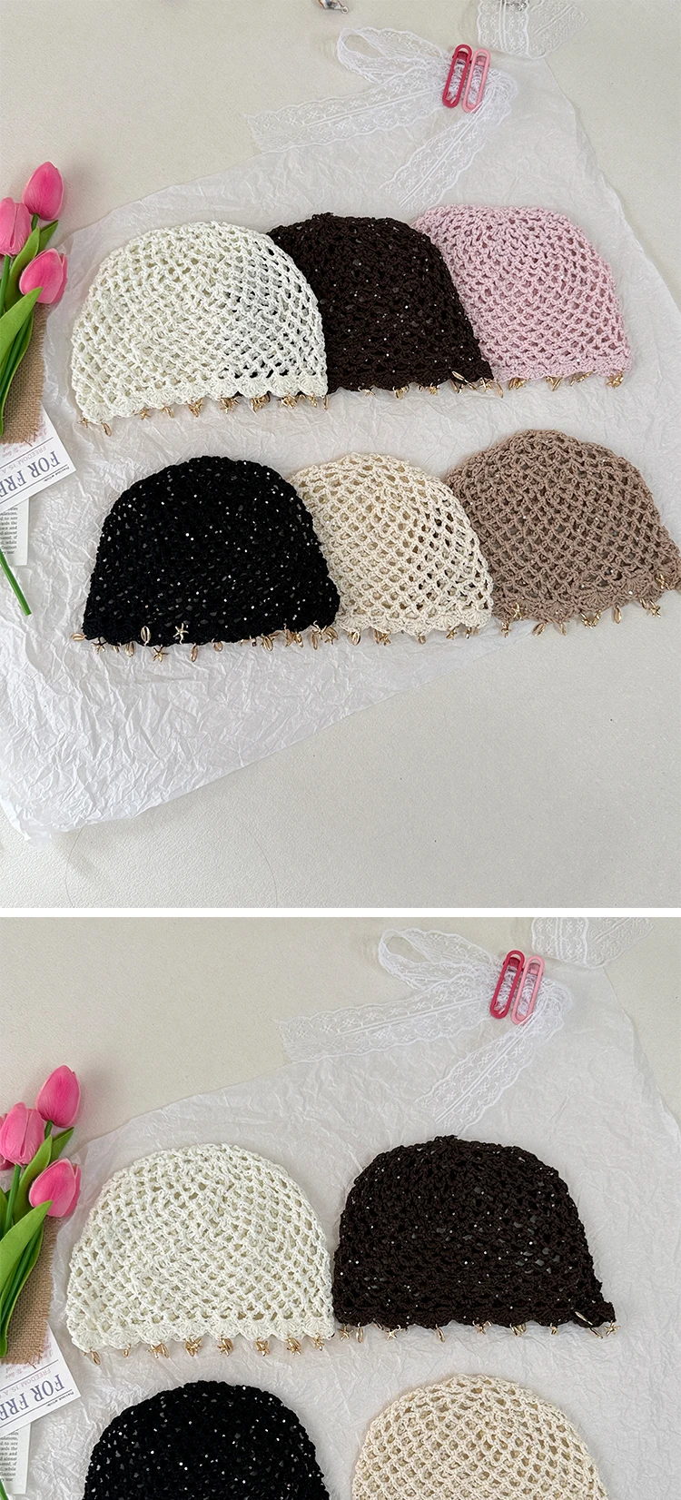 Modische, ausgehöhlte, gewebte Pullover-Mützen, gehäkelte, atmungsaktive Baskenmütze, Pentagramm-Fransen-Retro-Beanie-Mütze, Damen-Sommermütze, vielseitig einsetzbar – Detail 1