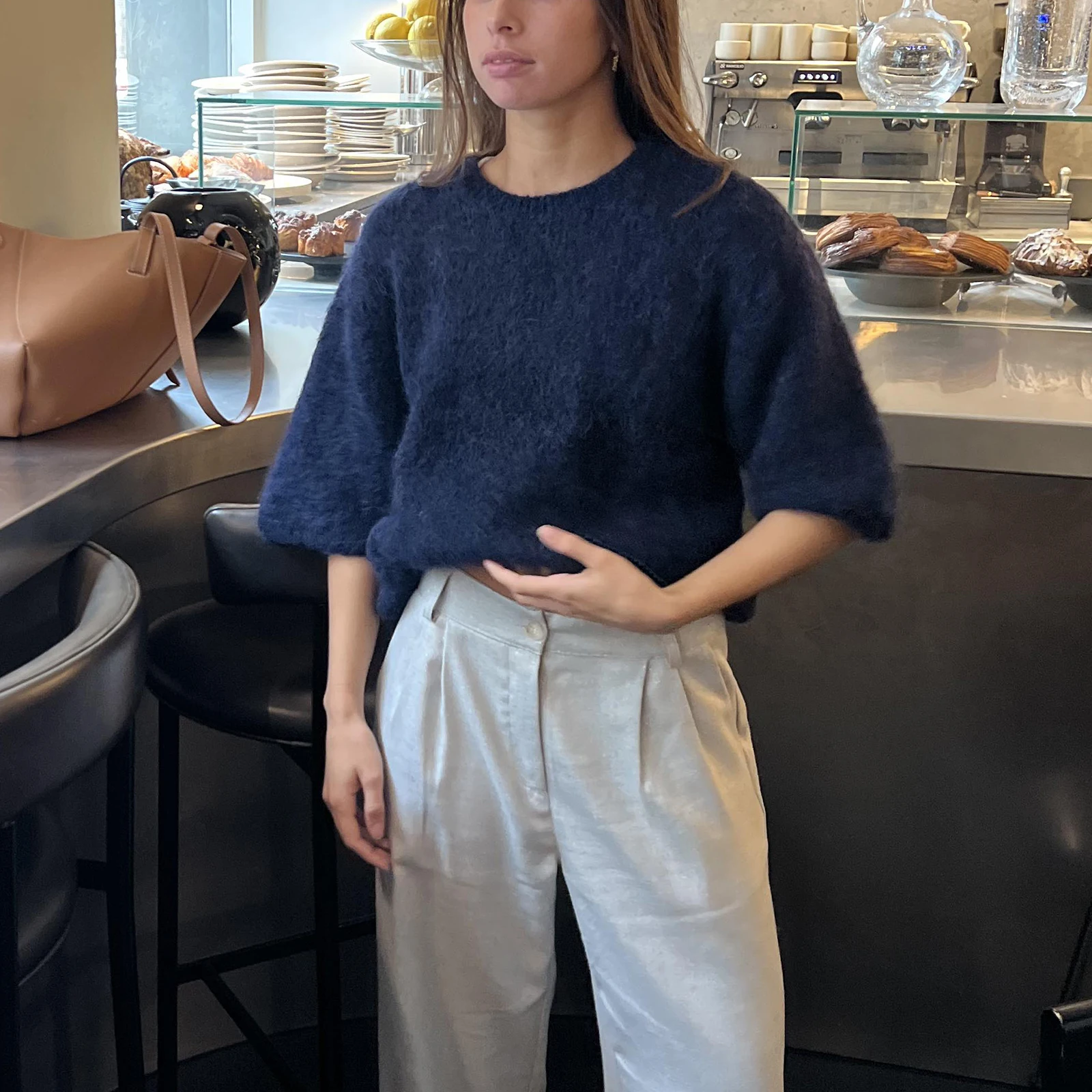 Women\'s Spring Autumn Y2K Vintage Loose Knitted Sweaters Half Sleeve Round Neck Solid Color Casual Cropped Pullover Tops
