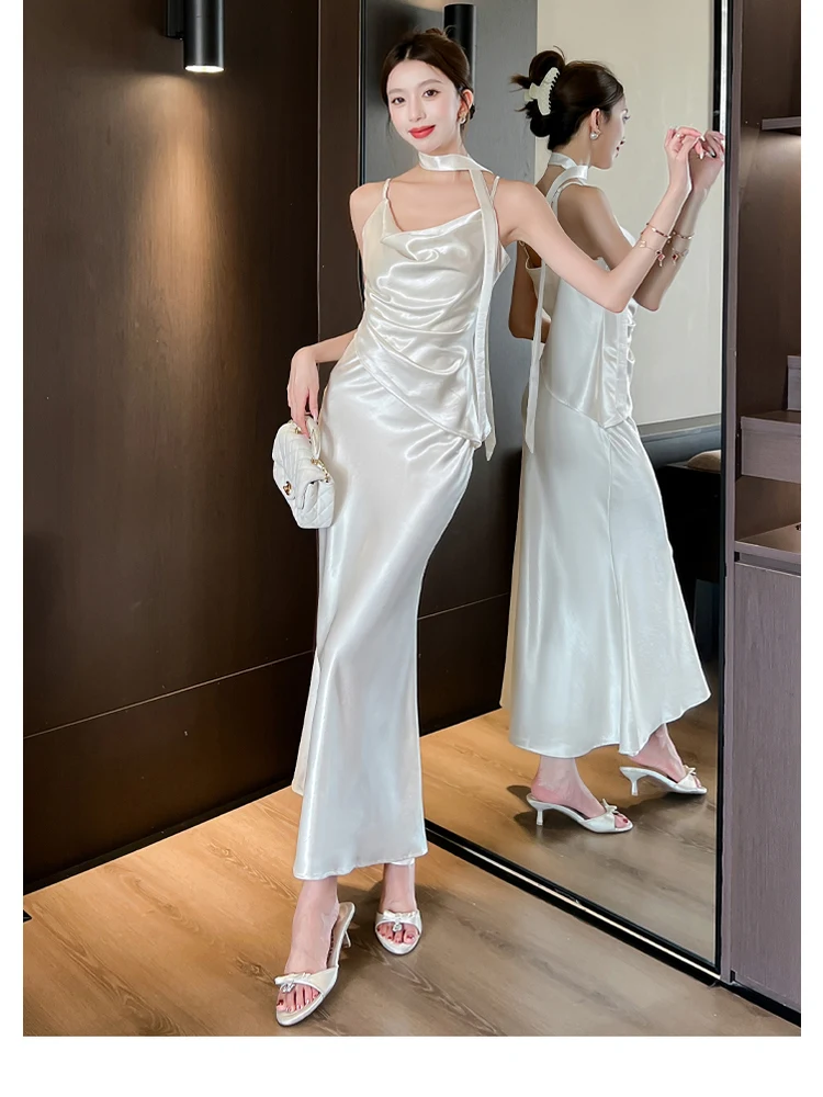 シルクサテンバースデーパーティードレス レディース サマーエレガントセクシーガウン フレンチスリーブ ウエストAラインスカート オフショルダーガウン