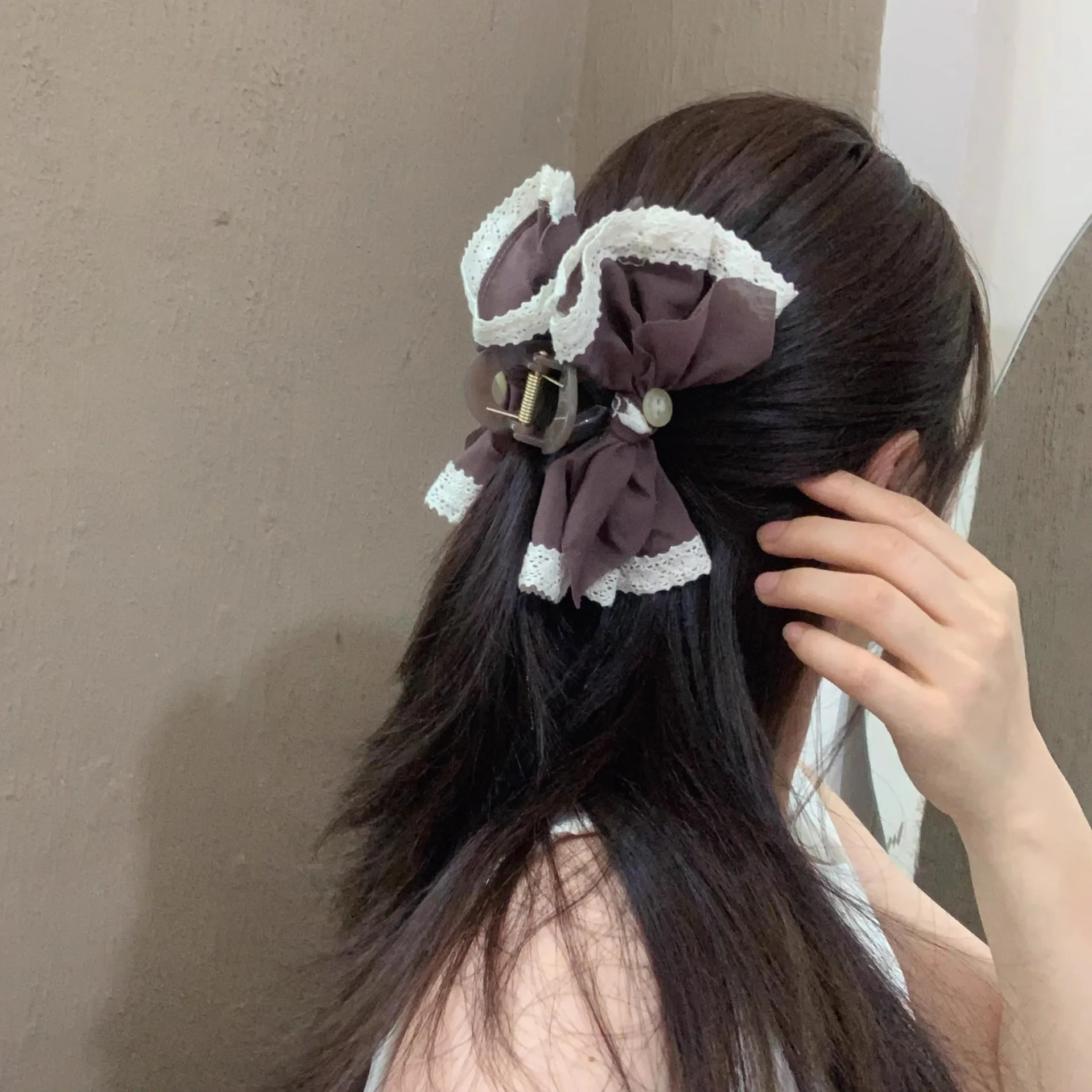 

Lace Fabric Hair Claw Clip Embroidered Flower Bow Versatile Elegant for Updo Daily Home Party Premium Non Slip