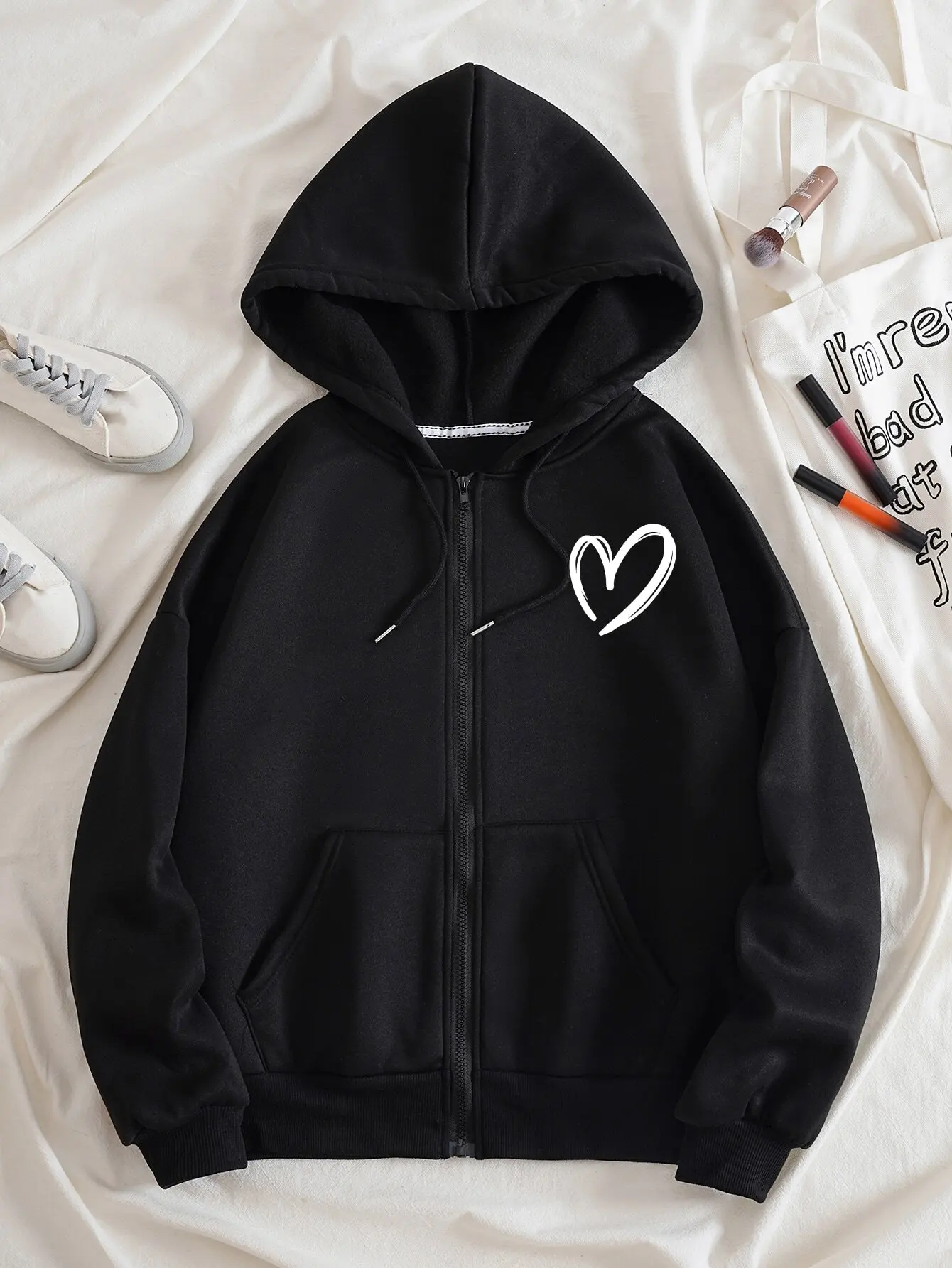 Sudadera con capucha y cremallera con estampado de corazón negro y cordón, sudadera informal de manga larga para otoño para mujer