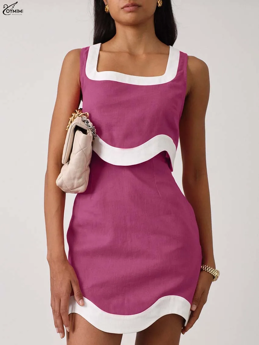 

Oymimi Elegant Deep Pink Dresses 2025 Woman Casual Patchwork Square Neck Sleeveless Crop Tops And High Waist Mini Skirts Sets