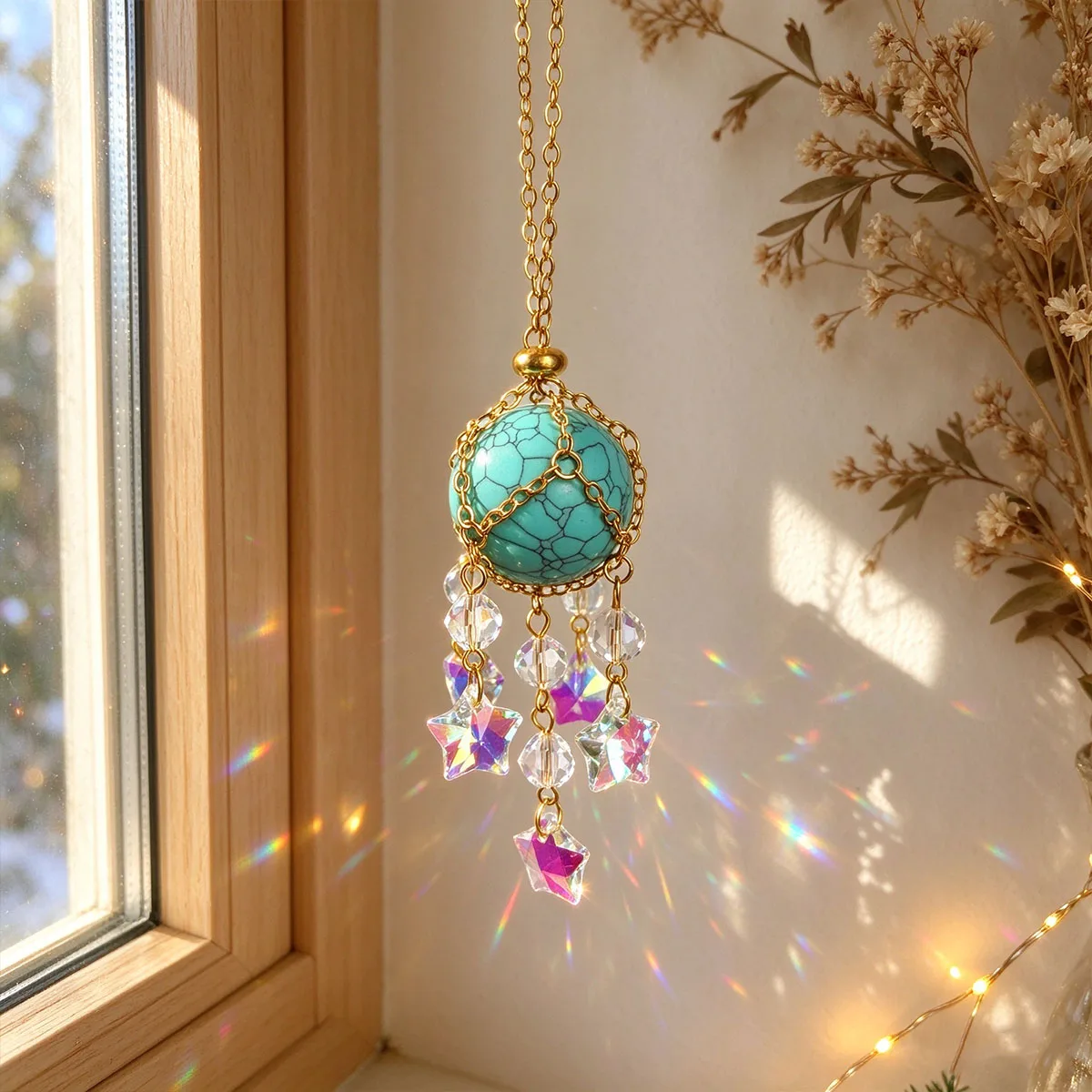 Crystal Sun Catcher Hanging Ornament, Turquoise Round Bead Gold Chain Pendant, Window Home Holiday Decoration Hanging Piece, Bedroom Window Hanging Decoration Gift, Holiday Home Hanging Ornament, Holiday Party Window D