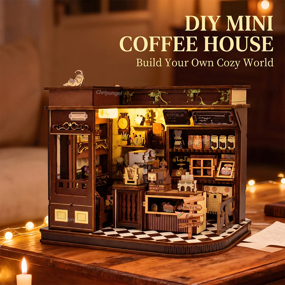 DIY Coffee House Kit with LED Lights 3D Wooden Puzzles Mini Dollhouse Coffee Shop Assembly Toy Craft Gifts for Adults Teens
