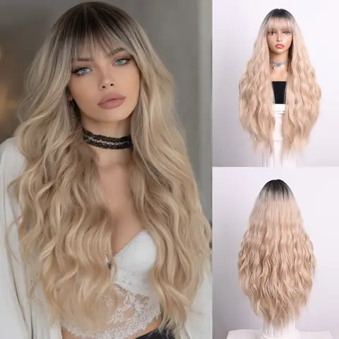 Wavy Lace Front Wigs Bangs long curly hair For Woman Cosplay Synthetic Wigs Resistant Natural Hairline Frontal glueless wigs