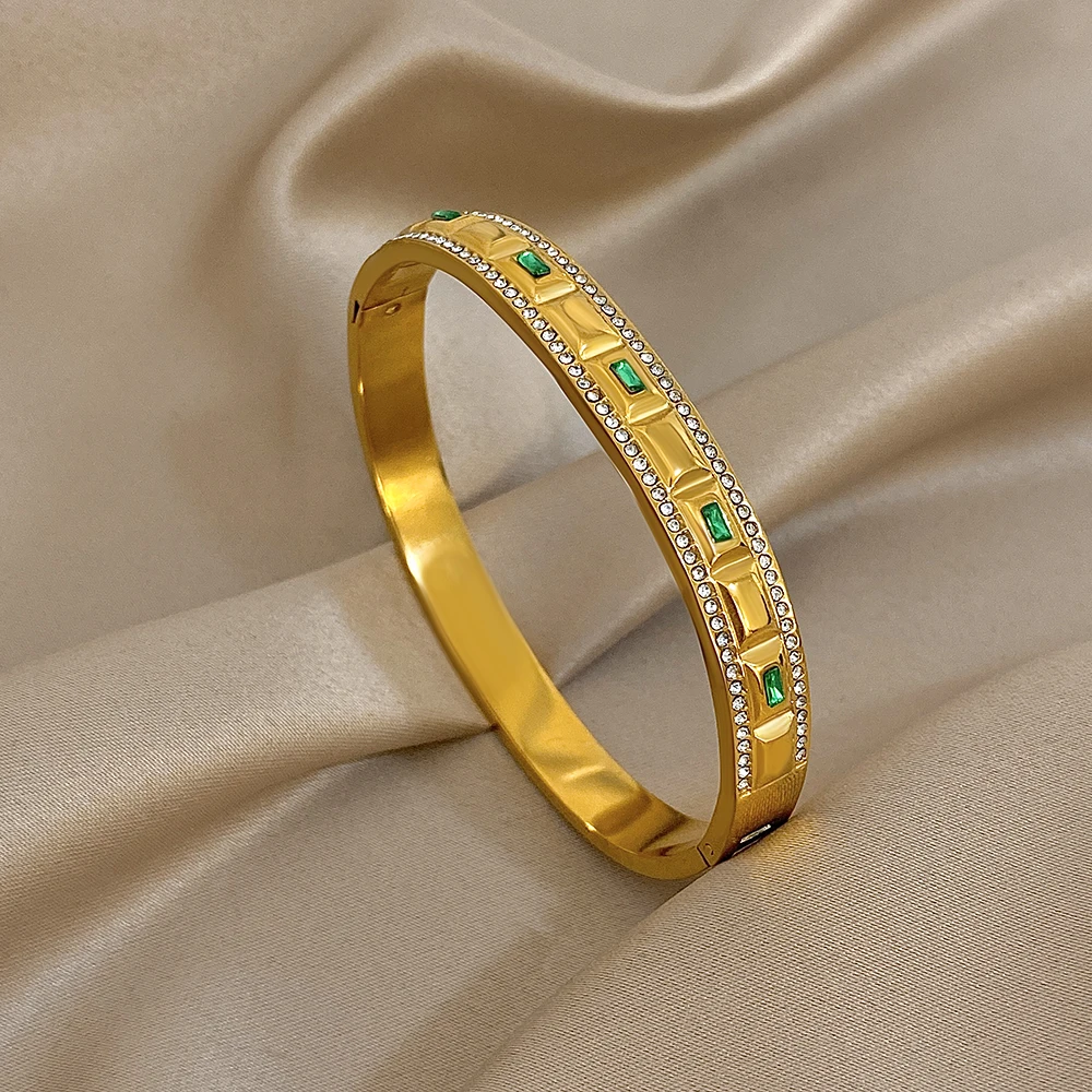 

Freetry Retro Green Zircon Stainless Steel Bracelets Women Minimalist Round Open Bangle Bracelet Waterproof Wedding Jewelry 2026