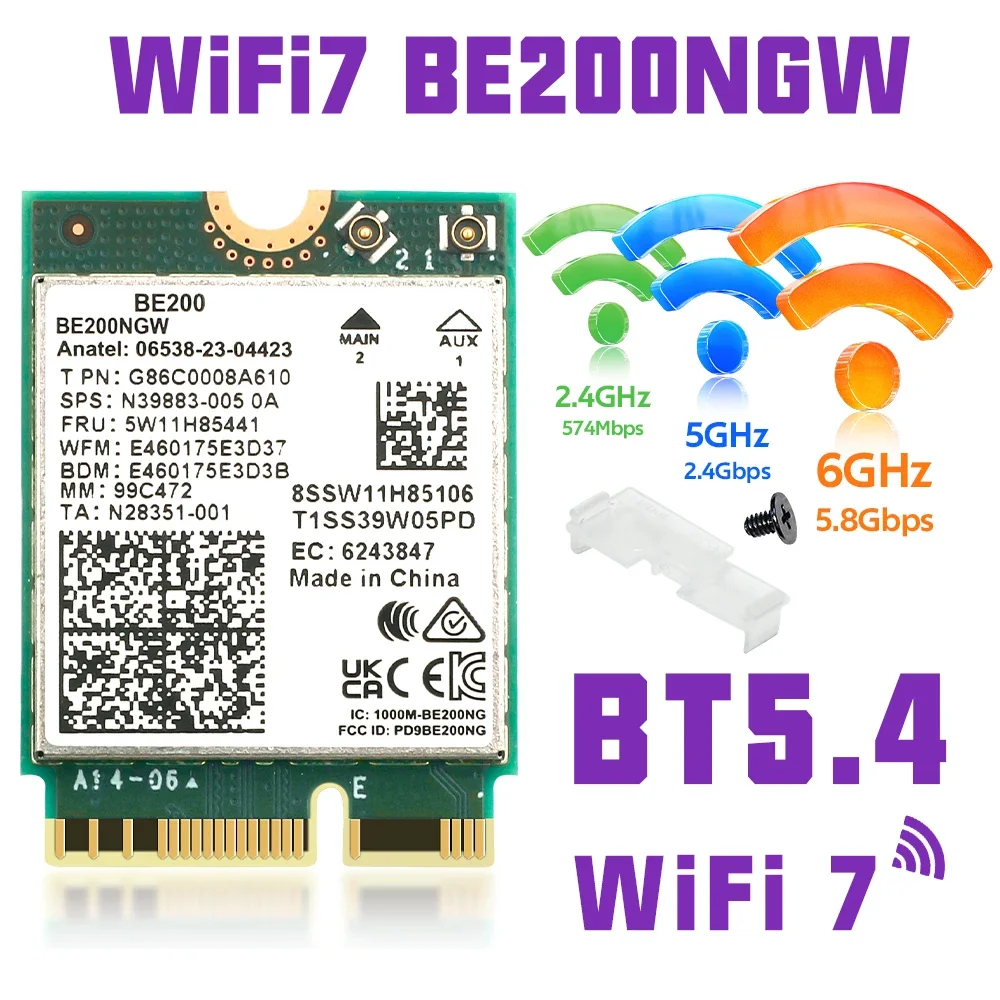 Wi-Fi 7 для беспроводной сетевой карты Intel BE200, BE200NGW, Bluetooth 5,4, трехдиапазонный 2,4/5/6 ГГц, 8774 Мбит/с, адаптер M.2 для ноутбука и настольного компьютера