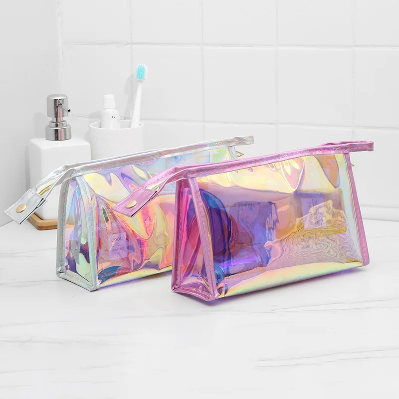 

Transparent Laser Cosmetic Bag Women Portable and Simple Waterproof Travel Magic ColorPVCCosmetic Storage Bag PrintingLOGO