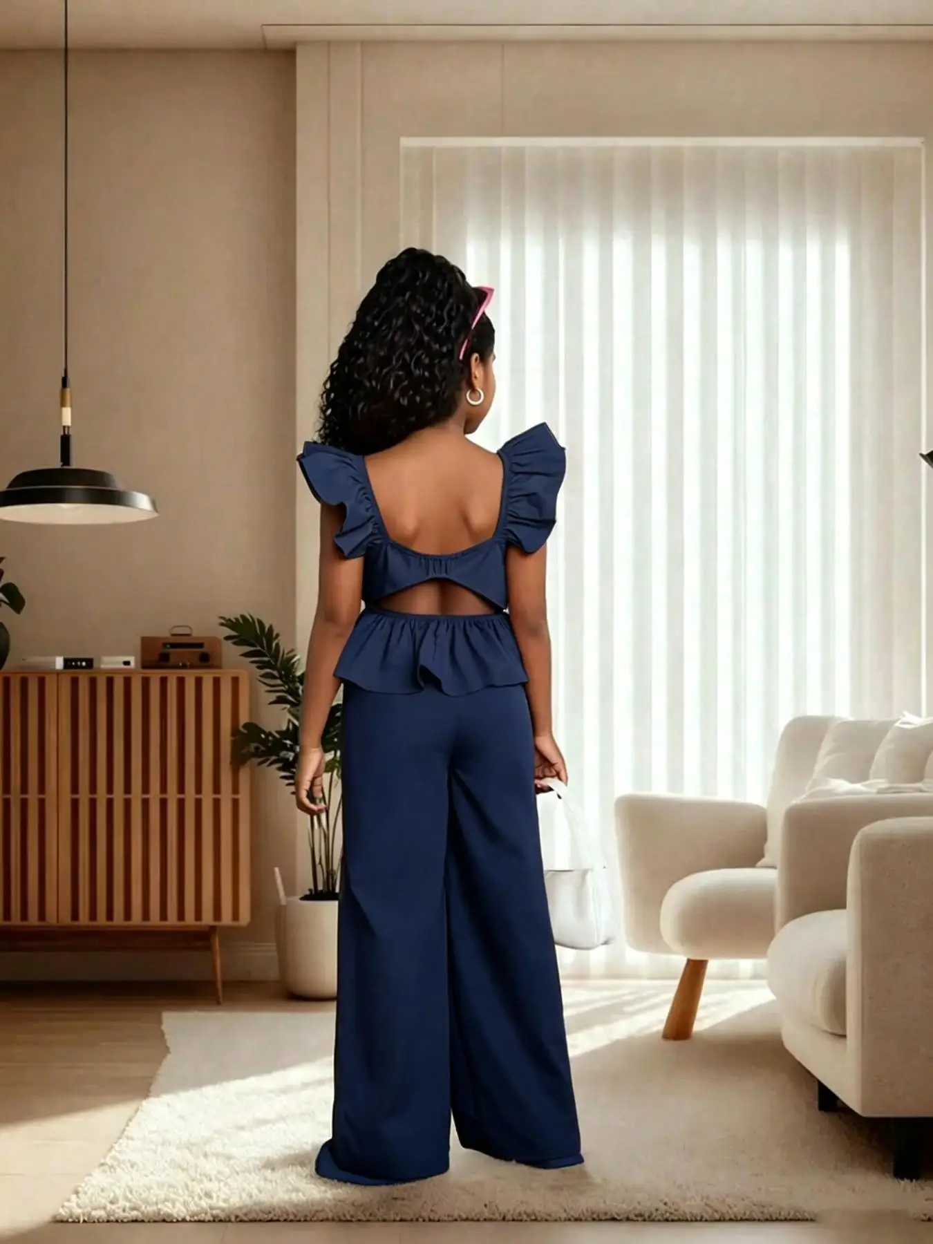 Mädchen-Jumpsuit mit Schößchen und weitem Bein, lässiger Jumpsuit mit quadratischem Ausschnitt, schmale Passform, All-in-One-Design, bequem für den Alltag, für Wochenendausflüge – Detail 16
