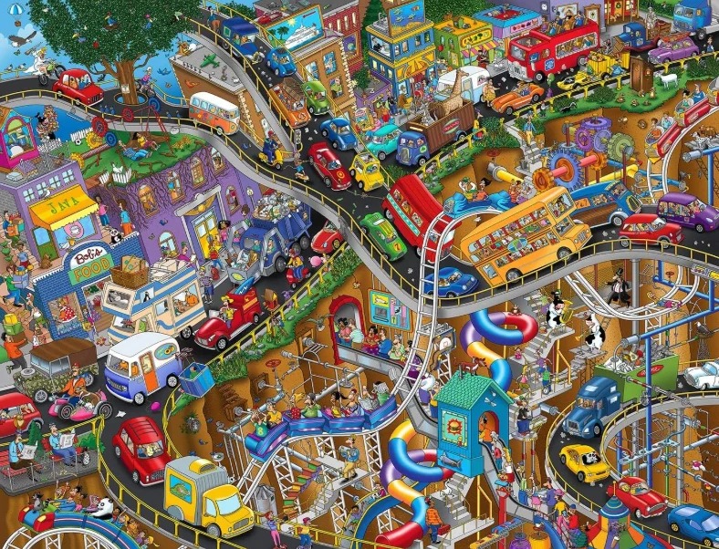 500/1000/1200/2000PCS Jigsaw Puzzle Vibrant Whimsy Cartoon Metropolis Busy Streets Vehicles Amusement Attractions Art Gift
