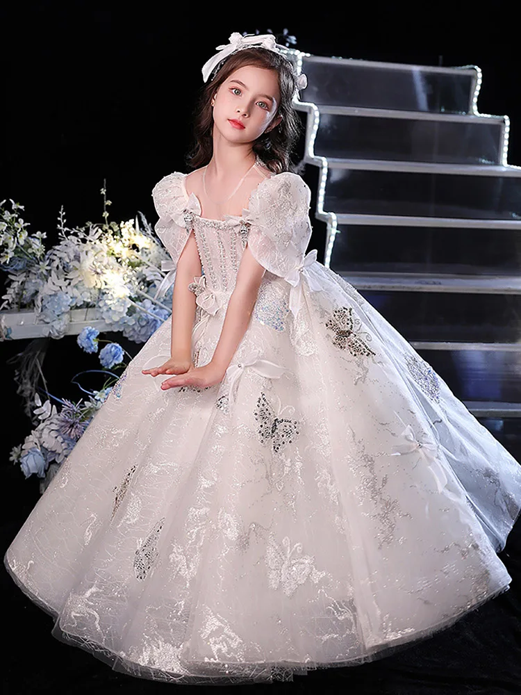 Luxury Girls Bow Puff Sleeve Princess Dress Shiny Piano Performance Ball Gown Pearl Beadings Sequins Kids Children Formal Dress