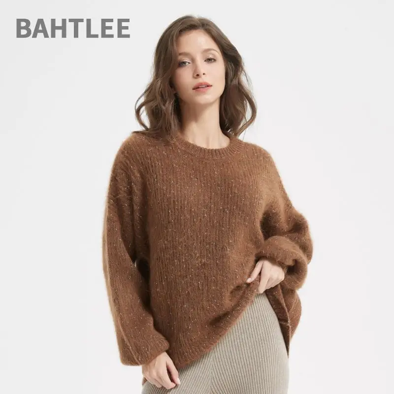 BAHTLEE-Women's Alpaca Wool Sweater, Long Sleeves, O-Neck, Knitted, Jacquard, Loose, Superfine, Winter