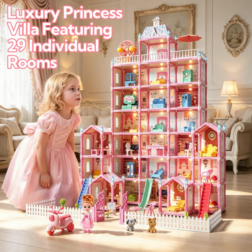 578 PCS DIY Princess Villa Dollhouse With 29 Rooms & Lights, Girls Pretend Play Dream Mansion Building Blocks Toy,Gift For Kids