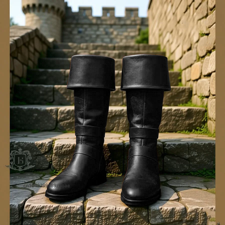 Vintage Pirate Fold Over Cuff Knee High Boots Medieval Renaissance Cosplay Cowboy Shoes Halloween Party Stage Dress Up Bootes 4