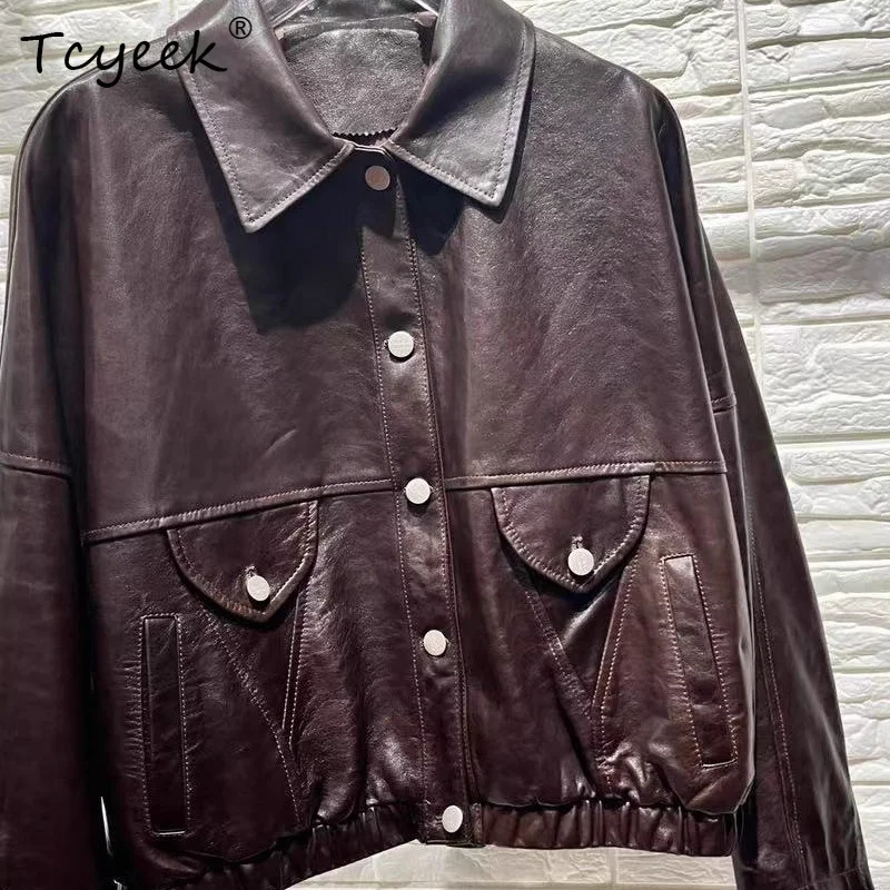 Tcyeek Real Leather Jacket Women Fashion Autumn Clothes Oil Wax Sheepskin Coat for Woman Loose Fit Outerwears Куртка Кожаная