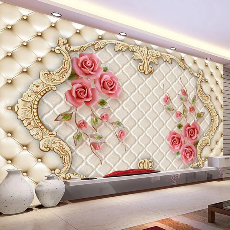 Custom 3D Wall Mural European Style 3D Stereo Rose Flowers Soft Roll Wallpaper Living Room TV Sofa Background Wall Decor Fresco