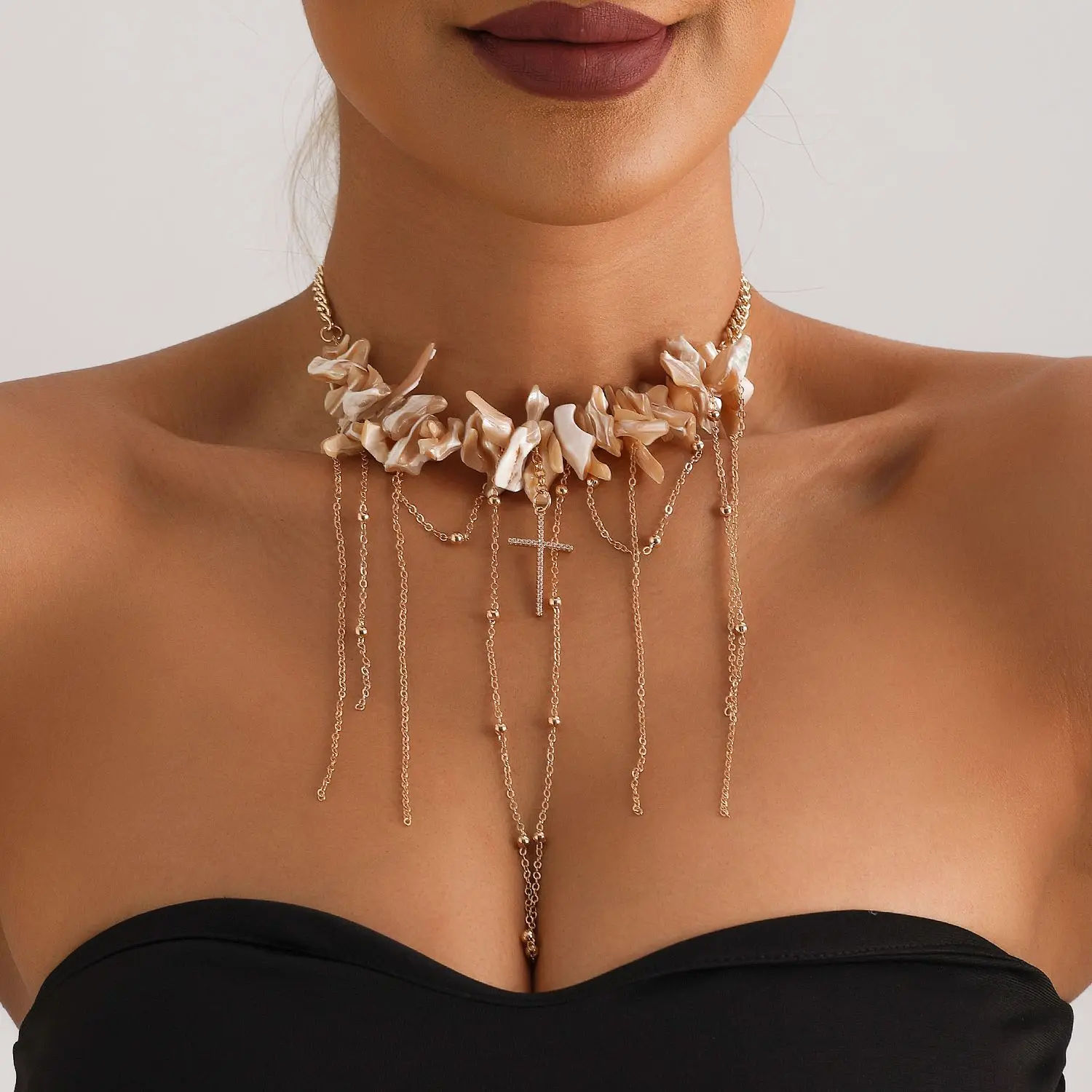 New Fashion Trend Accessories Irregular Shell Fringe Cross Mixed with Ins Retro Style Necklace Necklace Festivals Gift
