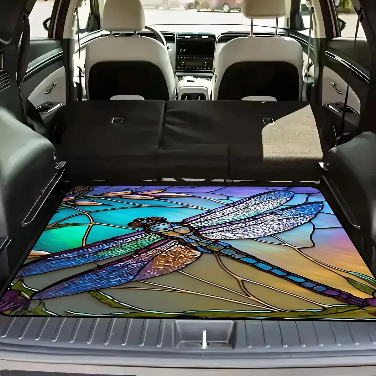 1Pc, Non-Slip Stylish Car Trunk Mat, Colorful Dragonfly Glass Painting Design - Durable Polyester Material, Keeps the Trunk Dry and Tidy, Adds Personality to Your Car Interior, Car Trunk Protection Mat, Perfect for Storage and Decoration.