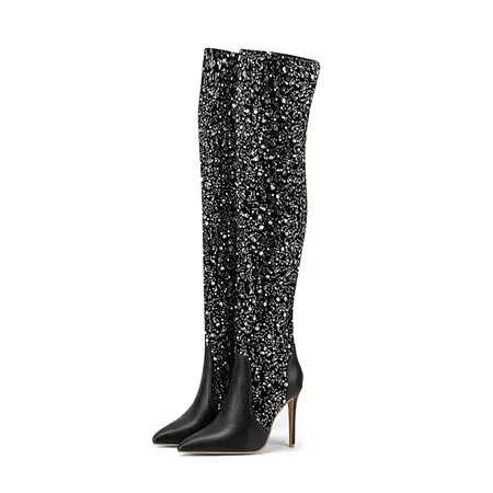 2024 Pointed Toe Sexy Over The Knee Boots Women Rhinestones Super High Heel Knight Boots Large Size Fashion Party Shoes 41 42 43