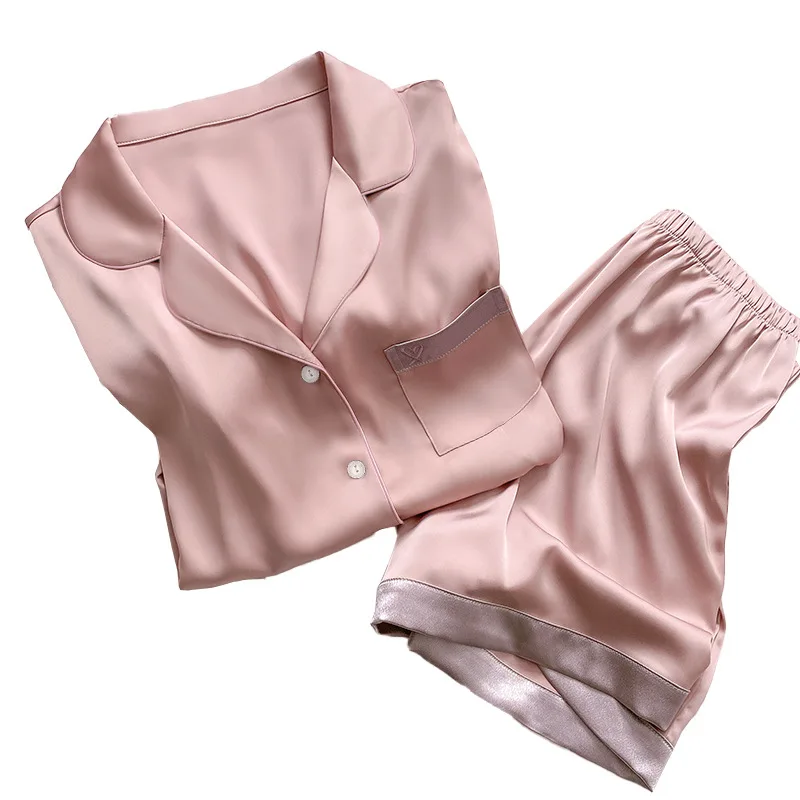 Fashion Summer Ice Silk Pajamas Women\'s Sweet Wind New High-value Cool Short-sleeved Loungewear Set Pink Solid Cool Summer Pjs