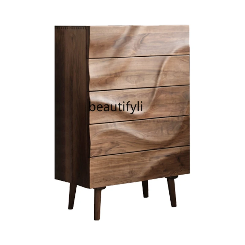 

Black walnut, chest of drawers, living room all solid wood, simple modern cabinet, bedroom 3D three-dimensional locker