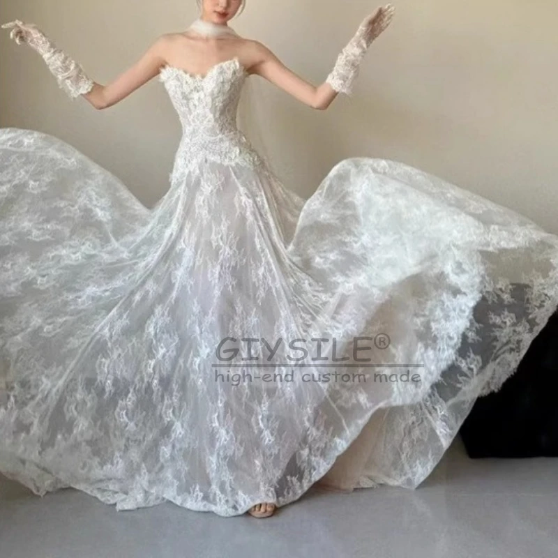 GIYSILE Gaun Pengantin Tanpa Tali Kustom Applique Tulle A Line Tanpa Lengan Sapu Kereta Gaun Pernikahan Pesta Formal Vestidos