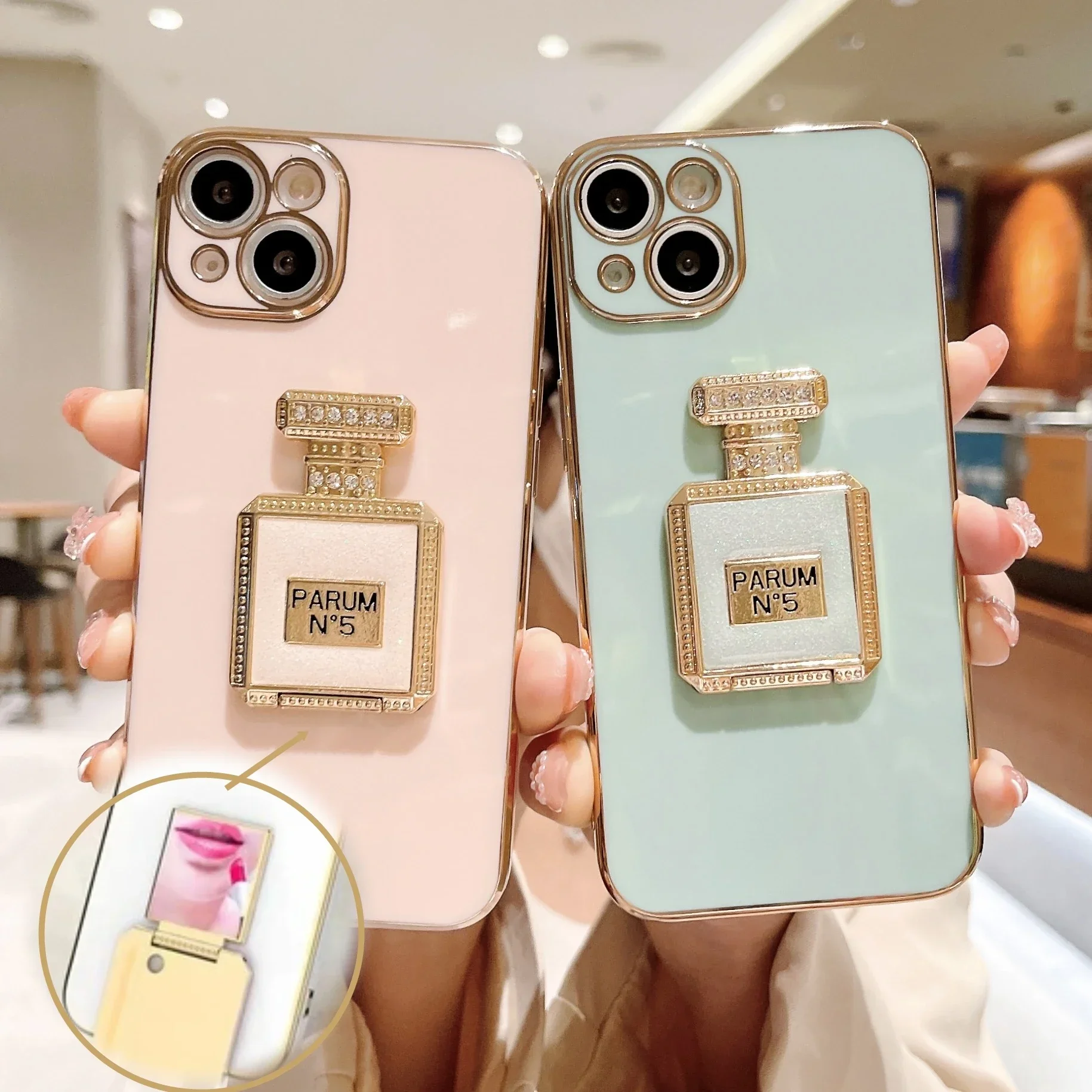 Bling Perfume Holder Phone Case For iphone 15 14 12 Pro Max 11 13 Pro X XS XR 6 S 7 8 Plus Bracket Plating Cover