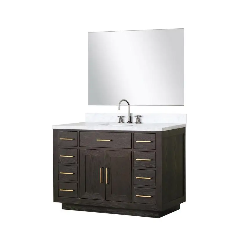 حمام فردي من خشب البلوط البني مقاس 48 بوصة مع سطح كارارا من الرخام ومجموعة صنبور ومرآة مقاس 46 بوصة