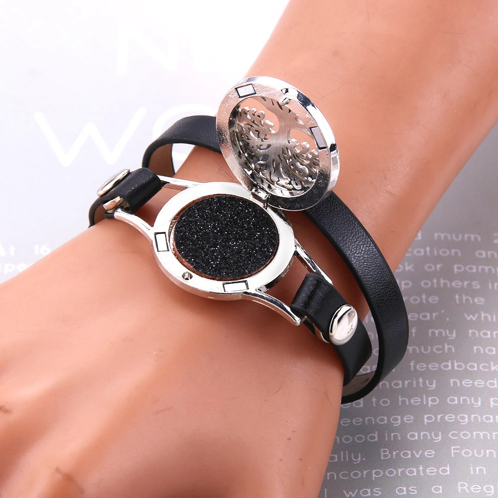 Tree of Life Aromatherapy Black Leather Bracelet Essential Oil Diffuser Perfume Locket Stainless Steel Sweetheart Bracelet Gift