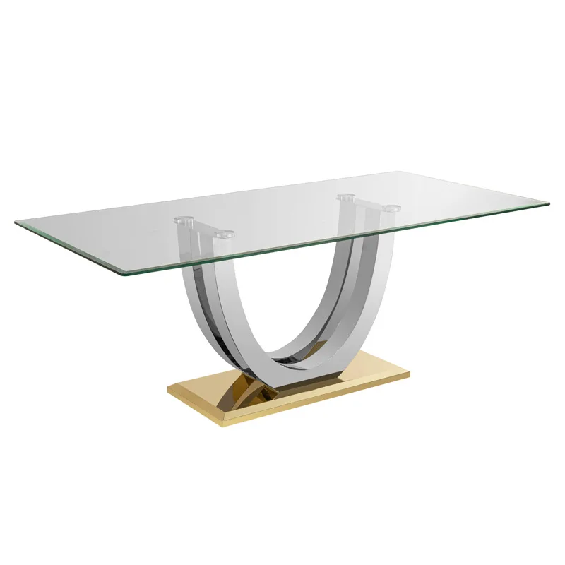 

Glass dining table household design sense, modern stainless steel dining table, rectangular dining table and chairs