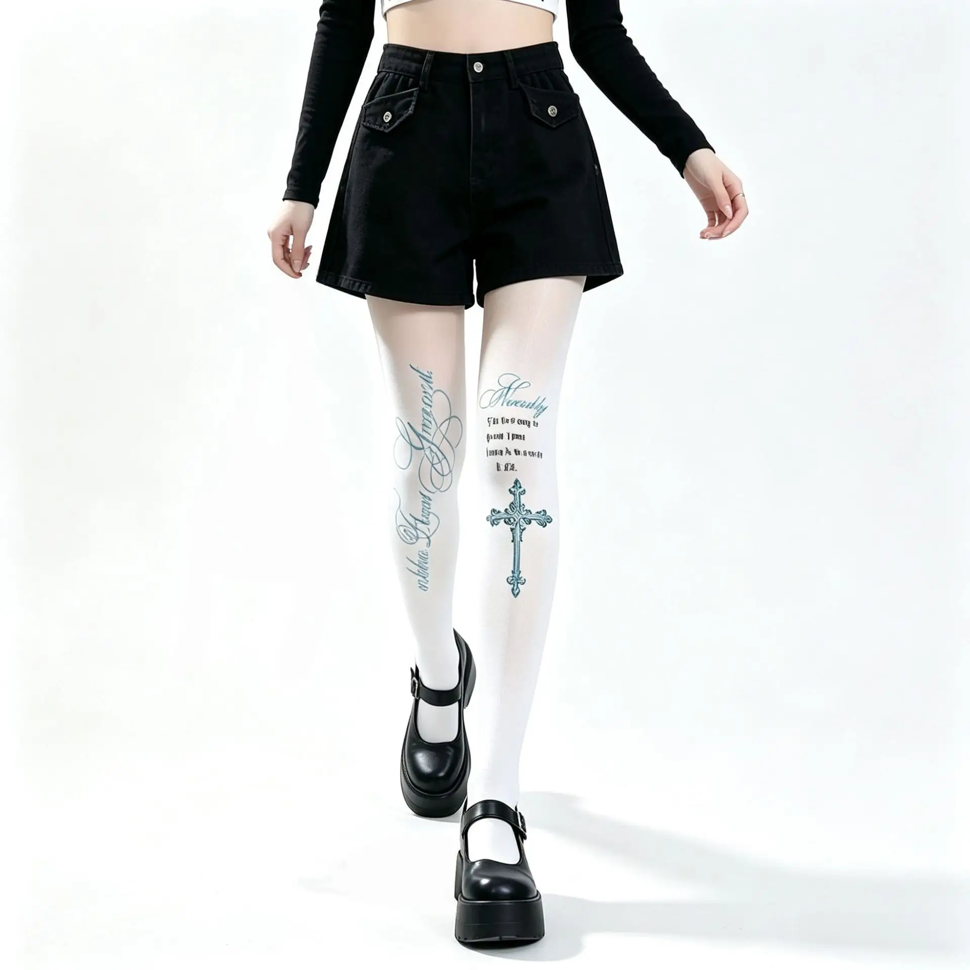 Blue Cross Vintage Script Letter Print Women Tights Gothic Aesthetic Pantyhose Lolita Cosplay Hosiery For Daily Party Wear