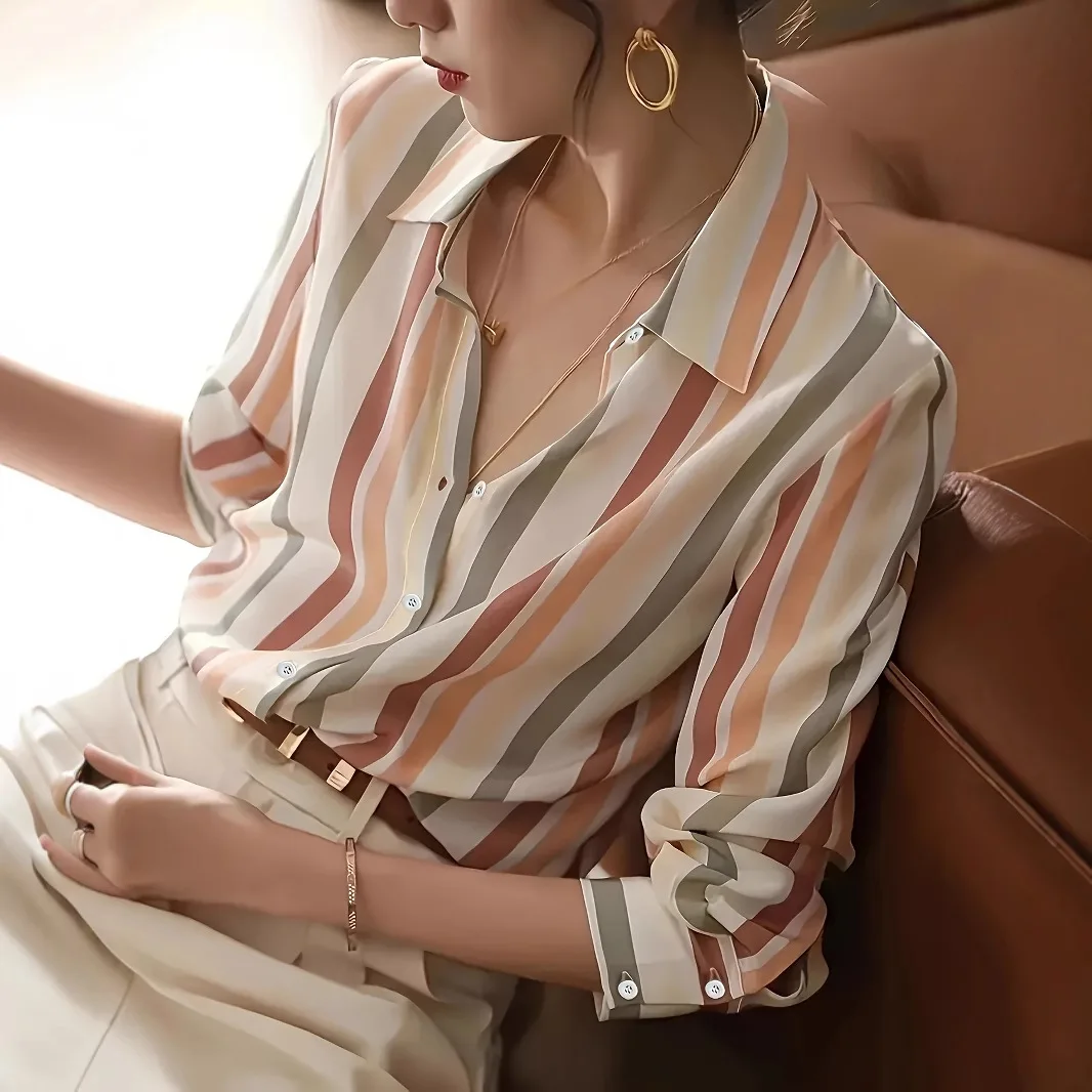 

Fashionable And Luxurious Women's Shirt Top With Textured Striped Print, Spring New 2025 Long Sleeved Shirt For Women
