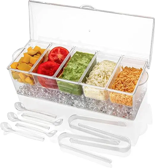 Large Ice Chilled Condiment Caddy 5 Removable Compartment Serving Platters Fruit Garnish Tray for Party Supplies Bar Accessories 5