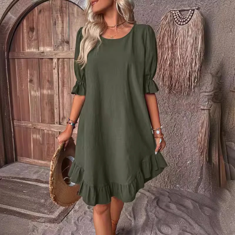 Vestido feminino de manga curta com babados na altura do joelho, camiseta solta, monocromática, plissada, gola redonda, retrô, casual, verão