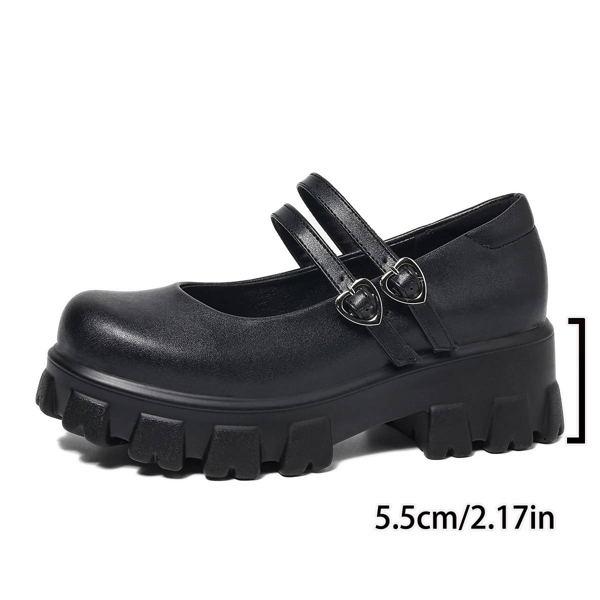 ORCHA LISA Black Shiny Women Pumps Round Toe 5.5cm Thick Heel Heart Double Buckle Strap Plus Size 43 44 45 Leisure Daily Shoes