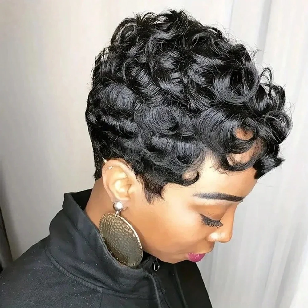 Perruque sans colle bouclée coupe pixie bob court avec frange haute densité 100 % cheveux humains fabriquée à la machine pour femmes noires