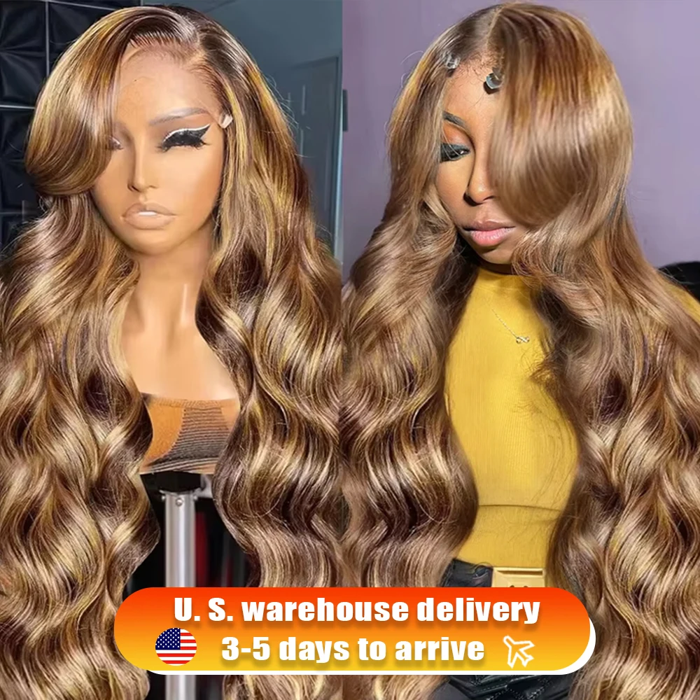 

30 40 дюймов 4/27 Highlight Ombre Blonde Body Wave 13x4 Предварительно выщипанный парик фронта шнурка 13x6 HD Прозрачный парик фронтальной части шнурка человеческих волос