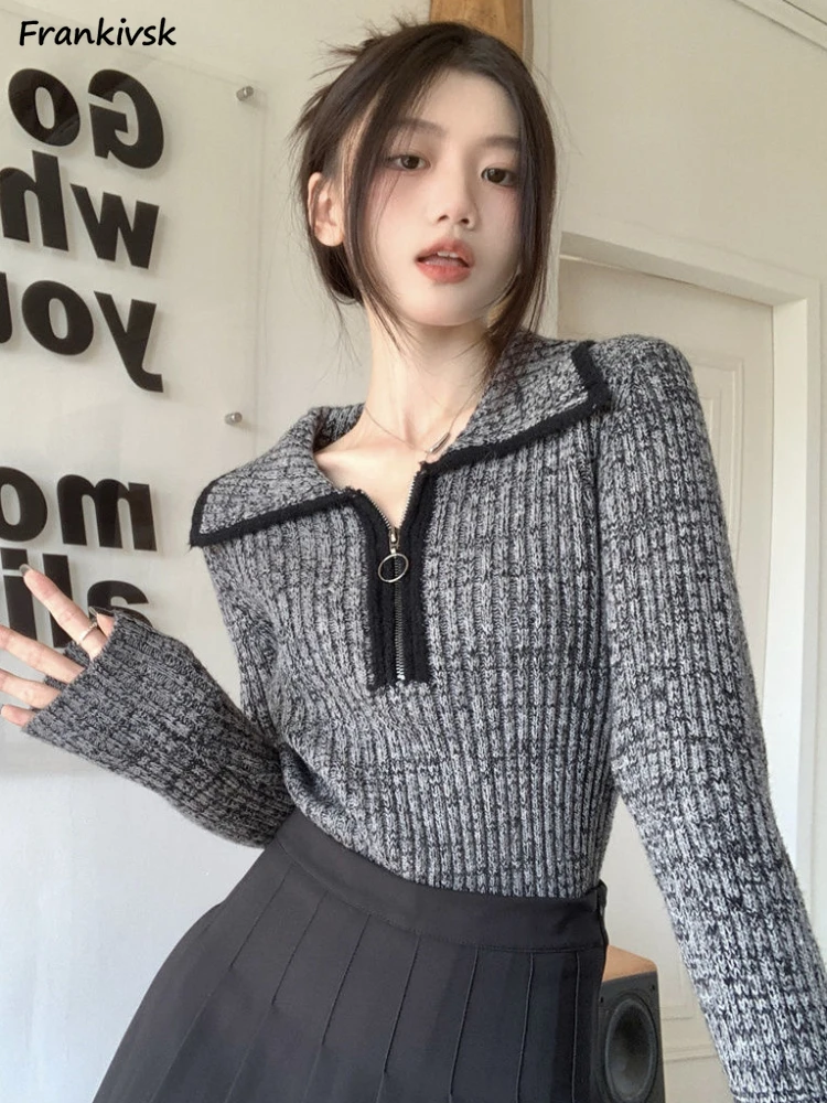 

Solid Sweaters Women Tender Slim Turn-down Collar Zipper Korean Style Office Lady All-match High Street Spring Autumn Aesthetic