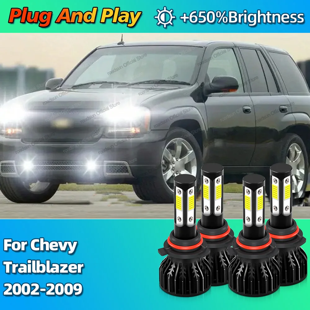 4Pcs Car Headlight LED Lamp High Low Beam HB3 HB4 Light Bulbs 180W For Chevy Trailblazer 2002 2003 2004 2005 2006 2007 2008 2009