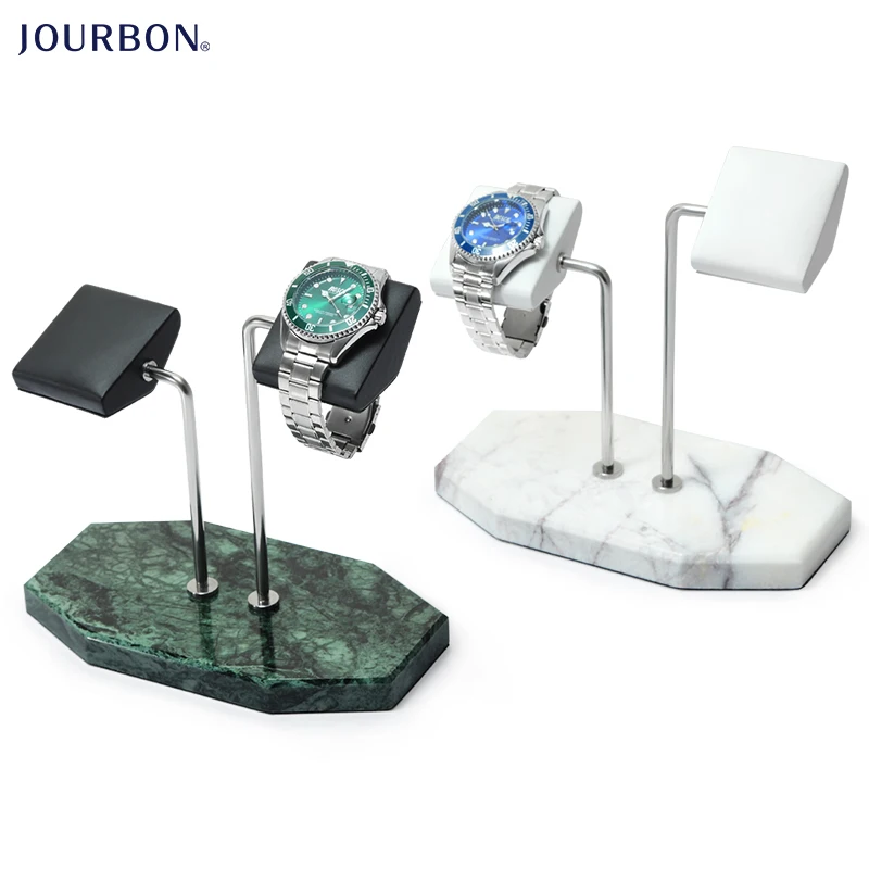 Jourbon Custom Logo Marble Base Double Top Head Holder Genuine Real PU Leather Tabletop Watch Display Stand with Gift Box