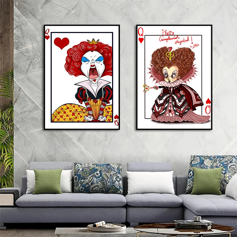 Q of Hearts Paintng Cartoon Wall Art Canvas Poster Print Alice in Wonderland Red Queen Pictures Living Room Home Decor Cuadros