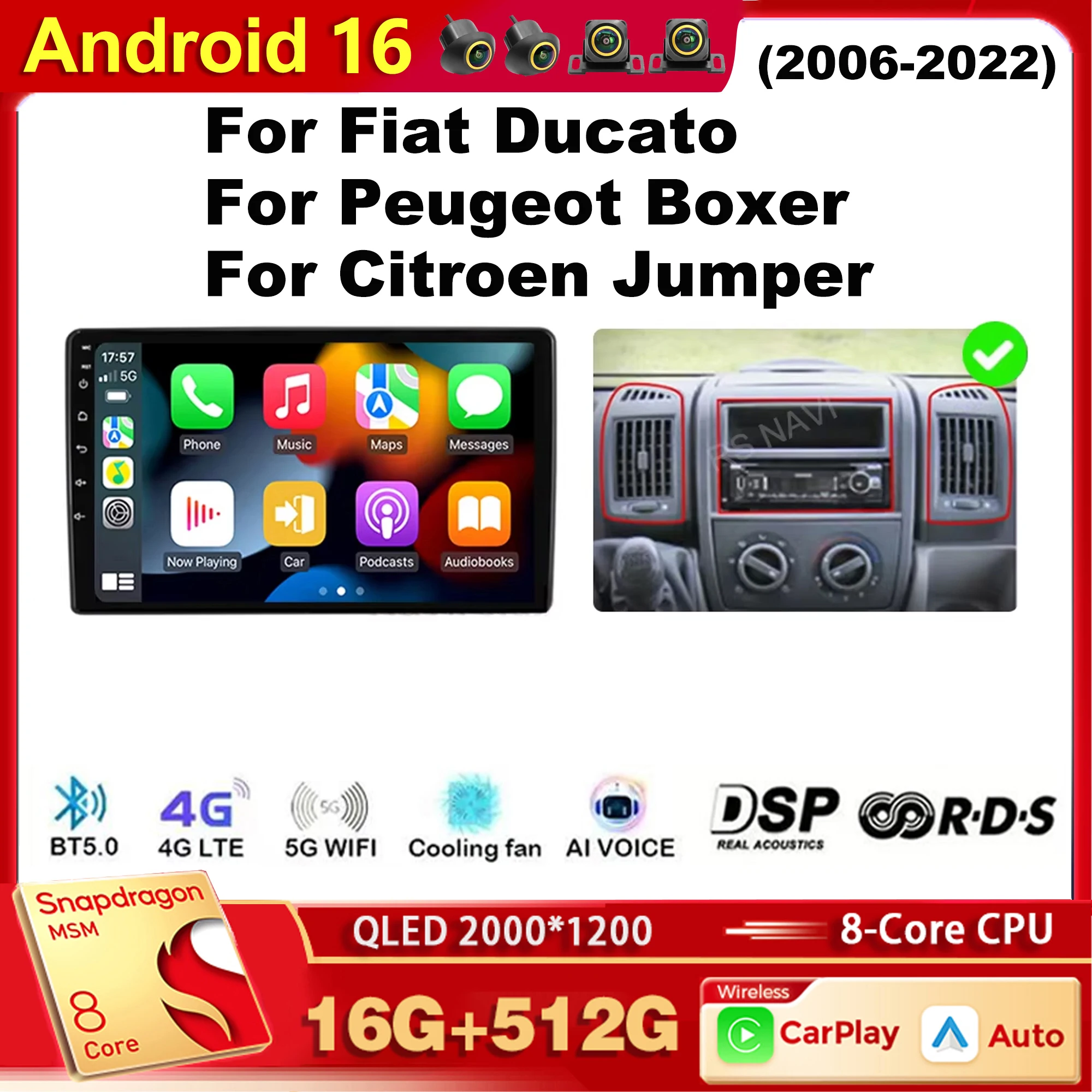 Android 16 Car Radio For Fiat Ducato For Peugeot Boxer For Citroen Jumper 2006-2022 Carplay Android Auto Radio Multimedia Player