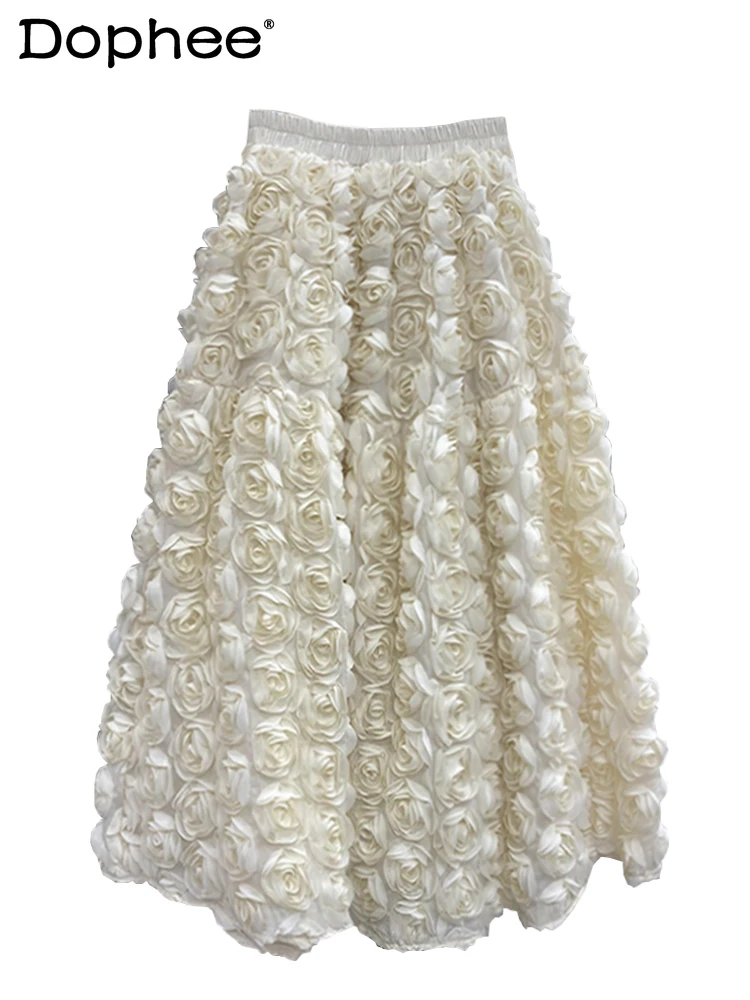 

2024 Spring New All-Match Commute French Three-Dimensional Flower High Waist Big Swing Fashion A- Line Long Skirt for Women