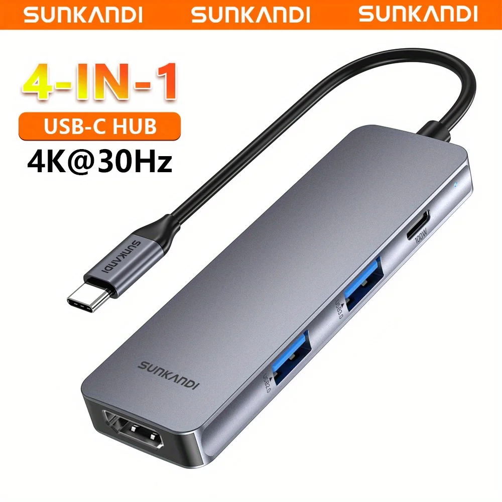 

SUNKANDI USB C Hub 4 в 1 Многопортовый адаптер 4K HDTV, доставка питания 100 Вт, 2 порта данных USB-A для MacBook Pro/Air, iPad Pro, XPS