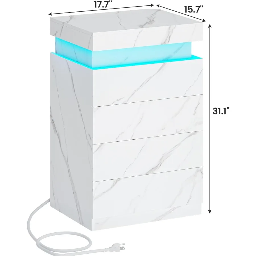 Night Stand with Drawers and LED Lights, Wood, White, Space-Saving Design with Soft-Close Drawers and Adjustable Warm Light