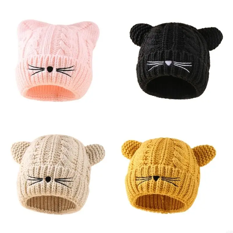 

270D Winter Cartoon Kitten Knitted Hat Kitten Ear Headwear Hat for Kids