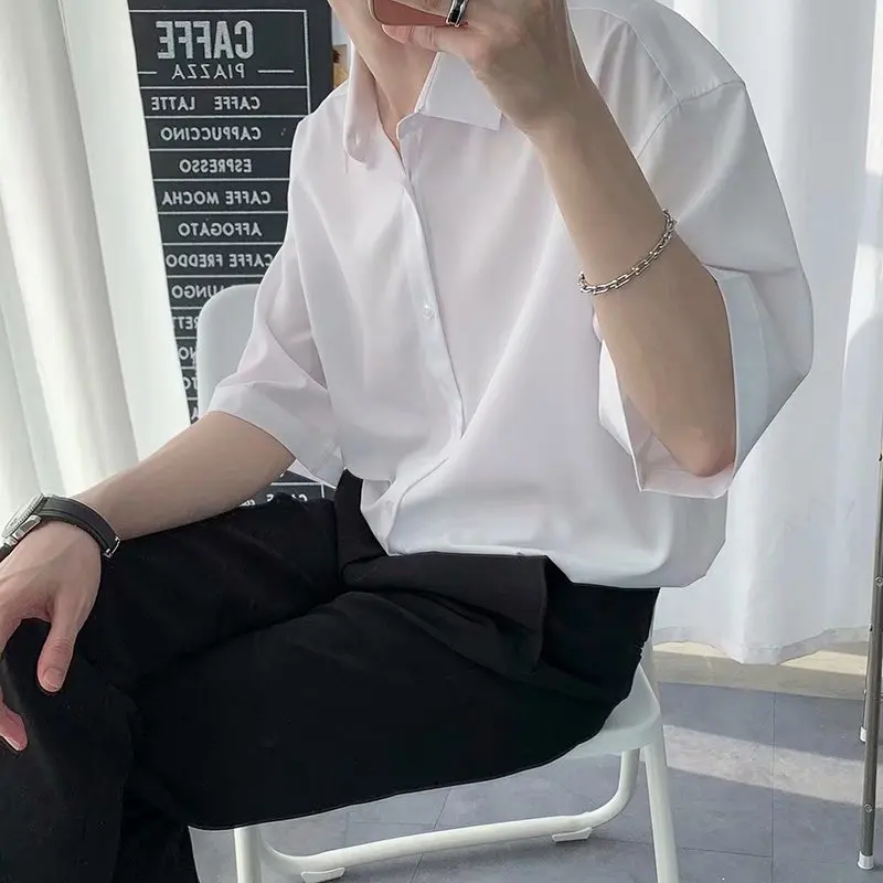 

Ice Silk Half Sleeve Shirt Men's 2025 Summer INS Hong Kong Style Simple Harajuku Couple's Shirt Youth Fashion Loose Fit
