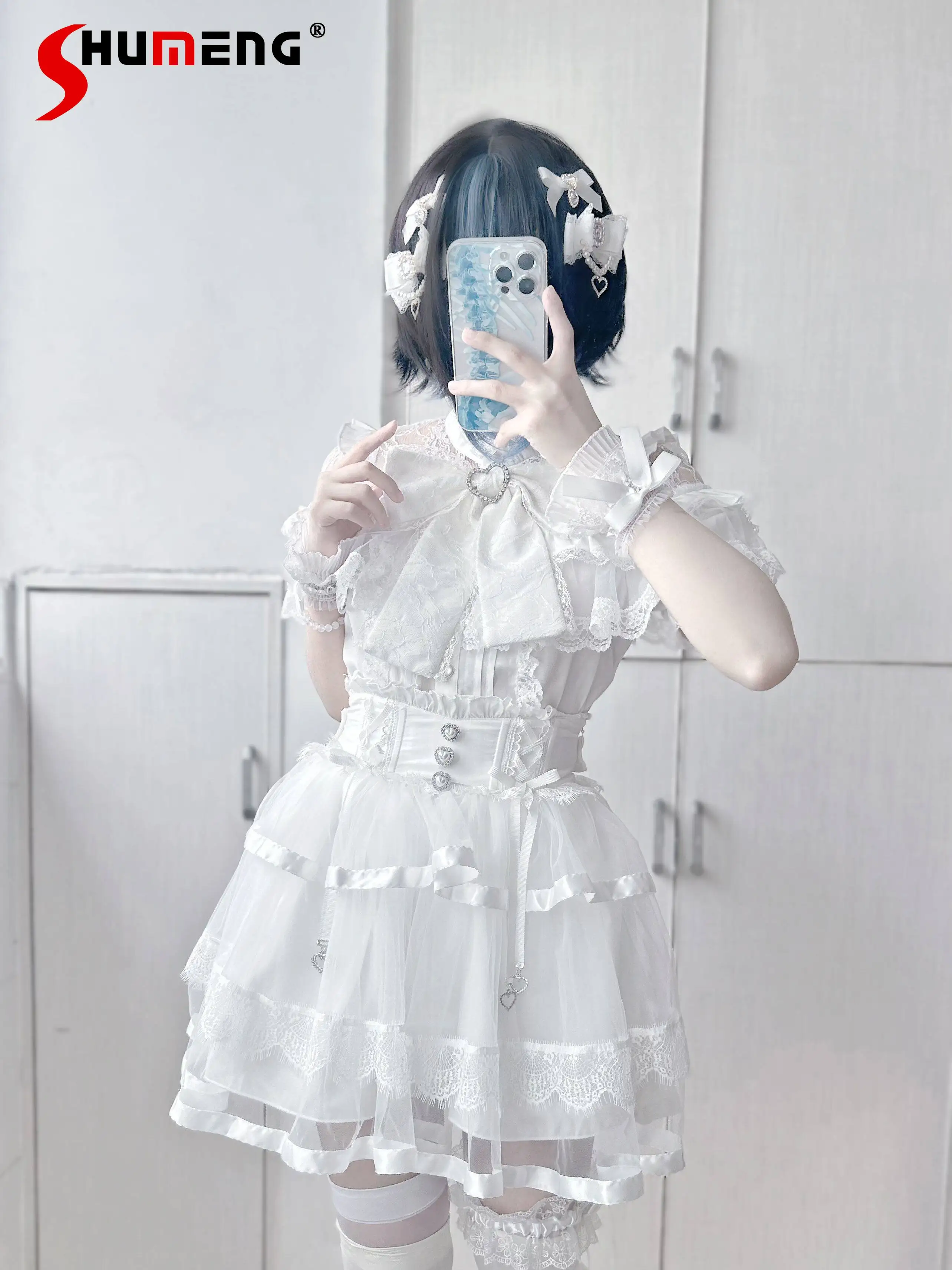 

Original Japanese Style Mass-produced Cute Bow Lace Splicing Heart Buckle Single-breasted Sweet Versatile Lolita Shirt Top Women
