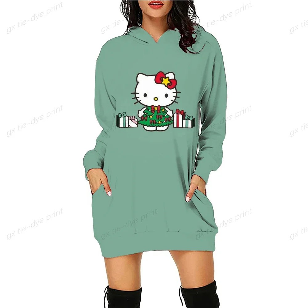 HELLO KITTY Women\'s Sweater Dress Long Hooded Hooded Dress Fall Anime 3D Dye Print Pullover Casual Women\'s Sexy Sweater Dress